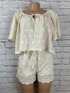 Mable Cream Embroidered Two Piece Shorts Top Set Small Boho Eyelet Scallop